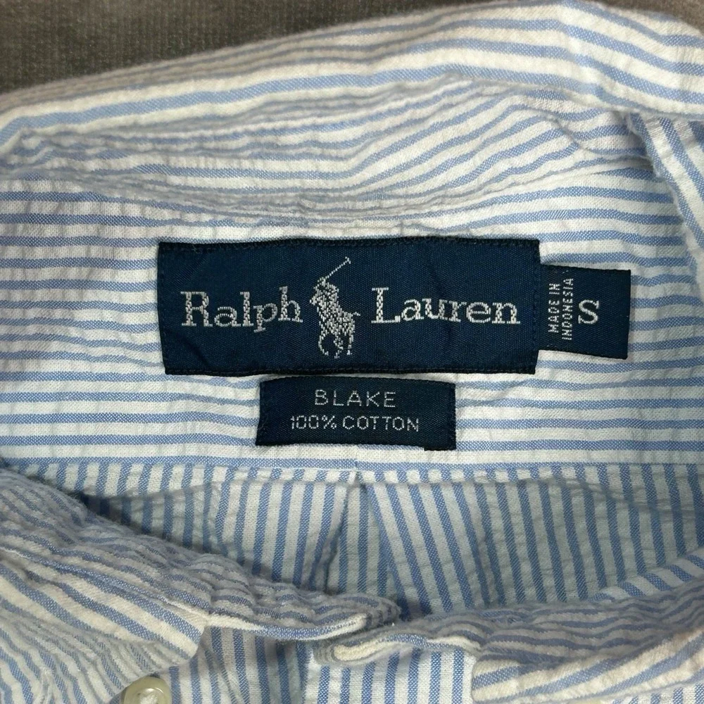 Ralph Lauren Blake Men S Blue White Striped Seersucker Short Sleeve Button Shirt - Picture 3 of 5